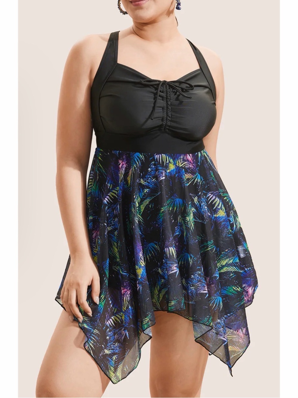 BloomChic Tropical Ruched Ties Hanky Hem Crisscross Swim Dress